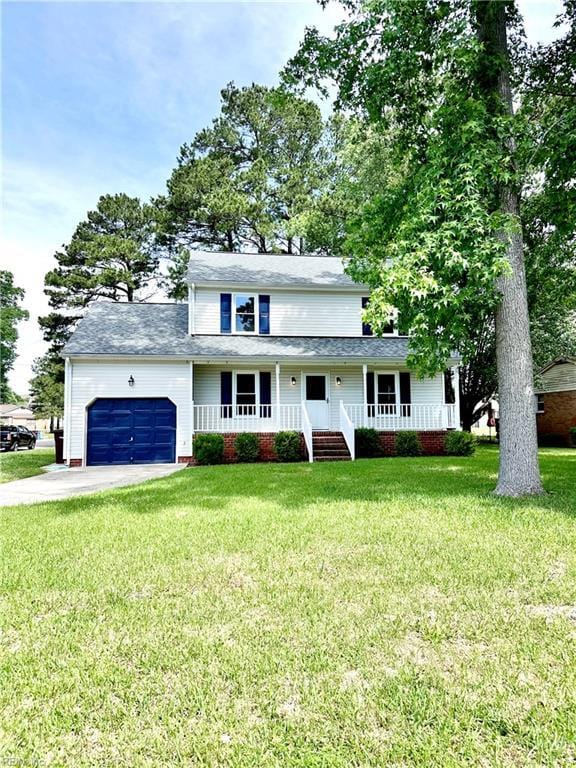 400 Fernwood Farms Rd, Chesapeake, VA 23320 - traditional home featuring an attached garage, covered porch, driveway, a front lawn, and a shingled roof