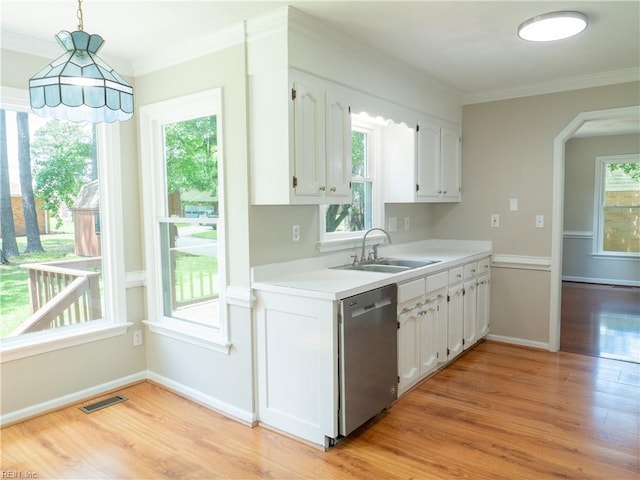 400 Fernwood Farms Rd, Chesapeake, VA 23320 - kitchen featuring stainless steel dishwasher, a sink, white cabinets, light wood-style floors, and crown molding