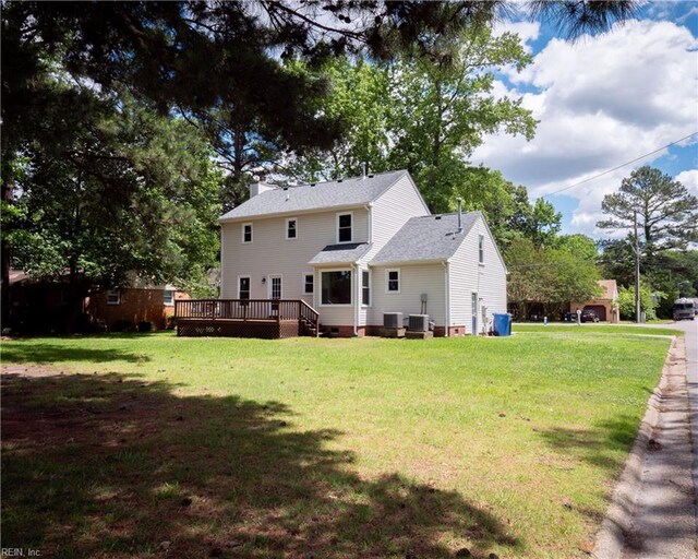 400 Fernwood Farms Rd, Chesapeake, VA 23320 - rear view of property with a wooden deck, a yard, central AC unit, and crawl space