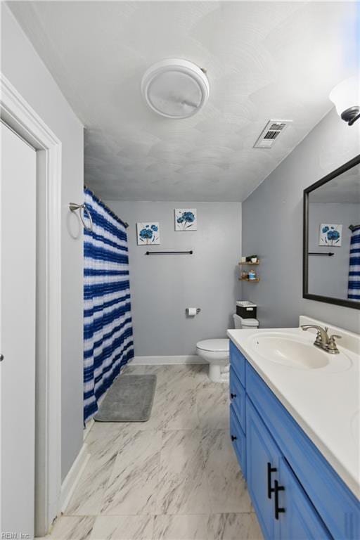 1219 Milton St, Norfolk, VA 23505 - bathroom with vanity, baseboards, toilet, marble finish floors, and curtained shower