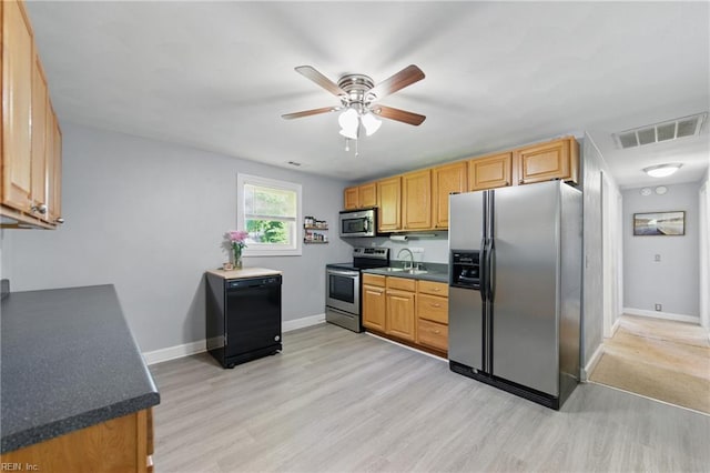 1219 Milton St, Norfolk, VA 23505 - kitchen featuring appliances with stainless steel finishes, light wood-type flooring, ceiling fan, dark countertops, and a sink