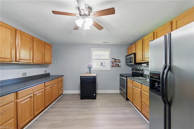 1219 Milton St, Norfolk, VA 23505 - kitchen featuring appliances with stainless steel finishes, a ceiling fan, dark countertops, baseboards, and light wood-type flooring