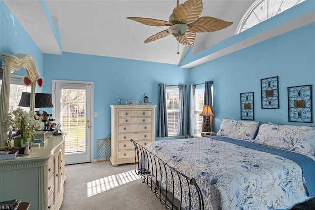 2673 Einstein Dr, Virginia Beach, VA 23456 - bedroom featuring light carpet, access to outside, ceiling fan, and vaulted ceiling