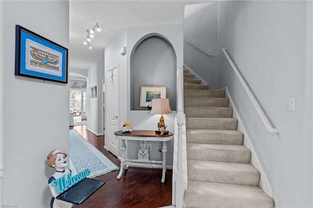 2673 Einstein Dr, Virginia Beach, VA 23456 - staircase with wood finished floors and track lighting