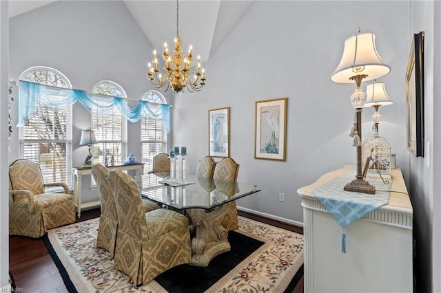 2673 Einstein Dr, Virginia Beach, VA 23456 - dining room featuring a chandelier, wood finished floors, and high vaulted ceiling