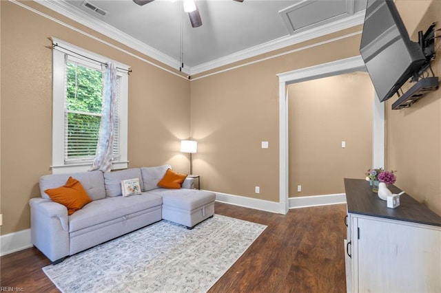 804 E Pembroke Ave, Hampton, VA 23669 - living area featuring dark wood finished floors, crown molding, baseboards, ceiling fan, and attic access