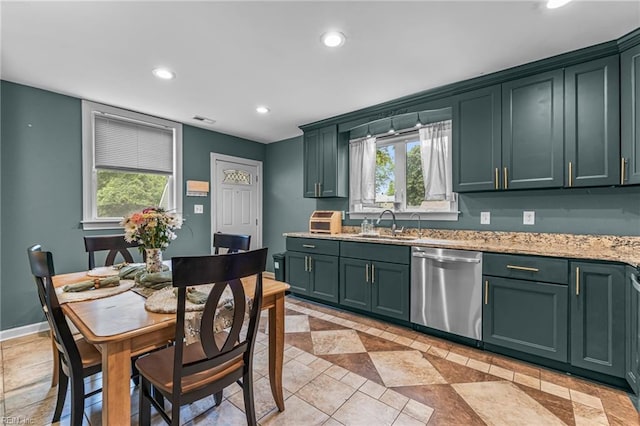 804 E Pembroke Ave, Hampton, VA 23669 - kitchen with green cabinets, dishwasher, recessed lighting, a sink, and baseboards