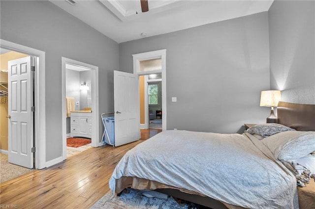 804 E Pembroke Ave, Hampton, VA 23669 - bedroom featuring light wood finished floors, baseboards, ensuite bath, and ceiling fan