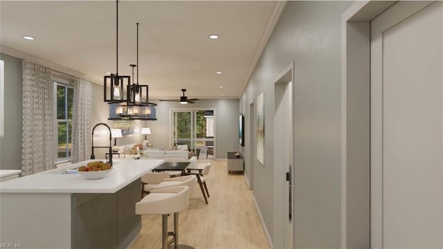 1548 Waltham Ln Unit A, Newport News, VA 23608 - kitchen featuring ornamental molding, light wood-style floors, open floor plan, a kitchen island with sink, and recessed lighting