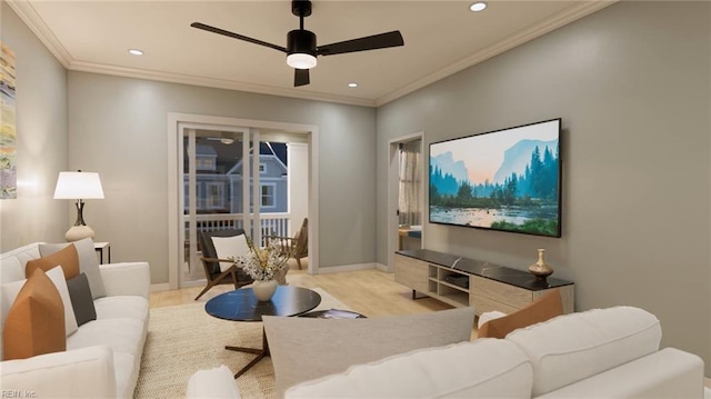 1548 Waltham Ln Unit A, Newport News, VA 23608 - living area featuring ceiling fan, wood finished floors, recessed lighting, ornamental molding, and baseboards