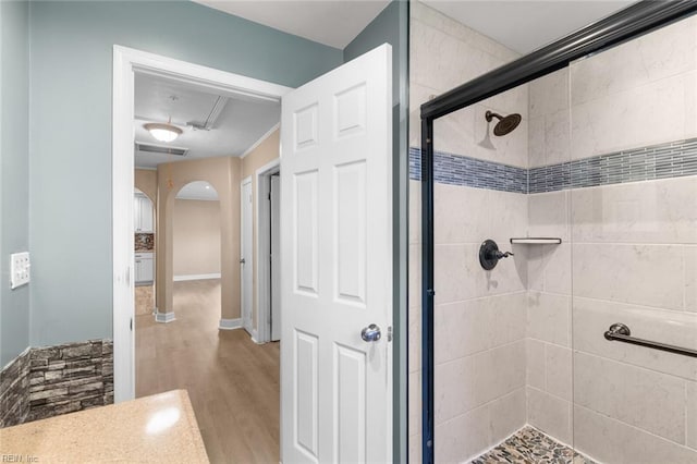 1204 Elder Ave, Chesapeake, VA 23325 - bathroom featuring a stall shower and wood finished floors