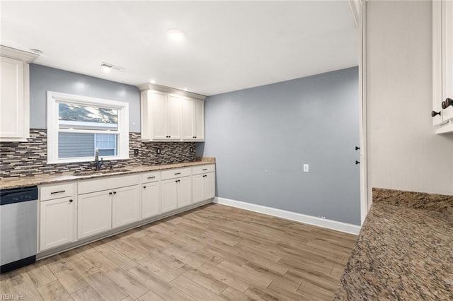 1204 Elder Ave, Chesapeake, VA 23325 - kitchen featuring stainless steel dishwasher, a sink, tasteful backsplash, light wood-style flooring, and baseboards