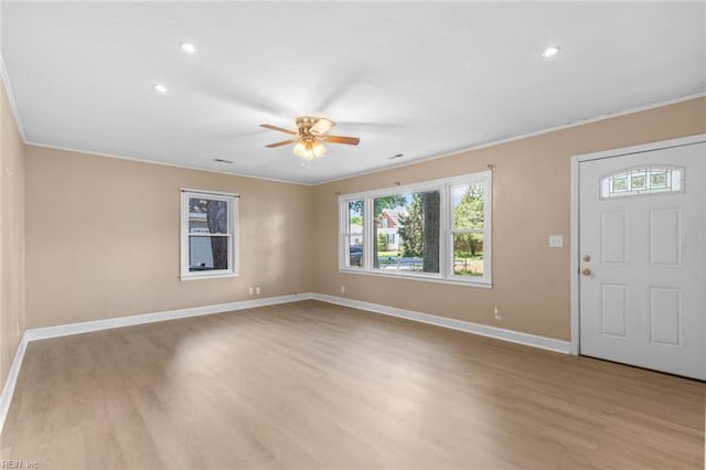1204 Elder Ave, Chesapeake, VA 23325 - foyer featuring baseboards, ceiling fan, light wood-type flooring, ornamental molding, and recessed lighting