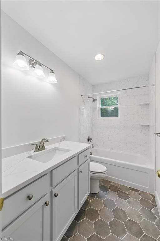 4328 Thoroughgood Dr, Virginia Beach, VA 23455 - bathroom featuring vanity, shower / bathtub combination, toilet, tile patterned flooring, and recessed lighting