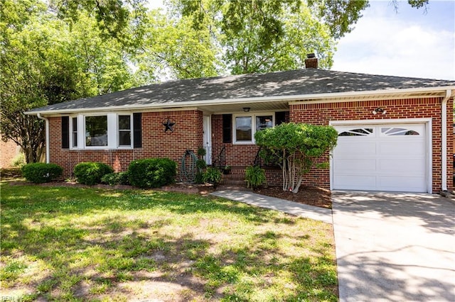 936 E Goodview Dr, Virginia Beach, VA 23464 - view of front facade with brick siding, a chimney, driveway, an attached garage, and a front yard