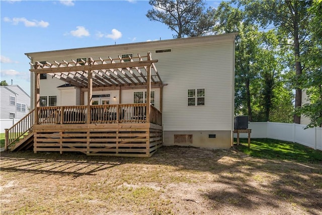 2011 River Pearl Way, Chesapeake, VA 23321 - back of property featuring a pergola, a wooden deck, central AC unit, and stairs