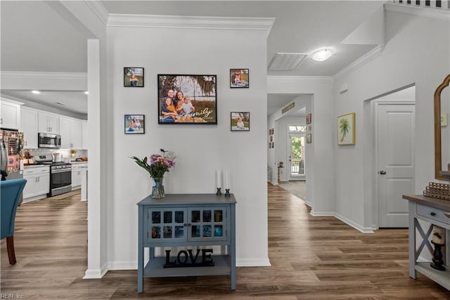 2011 River Pearl Way, Chesapeake, VA 23321 - hallway with crown molding, wood finished floors, and baseboards