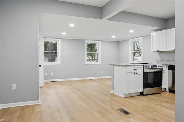 6428 Hudson Ave, Norfolk, VA 23502 - kitchen with stainless steel appliances, white cabinetry, light wood finished floors, a peninsula, and recessed lighting