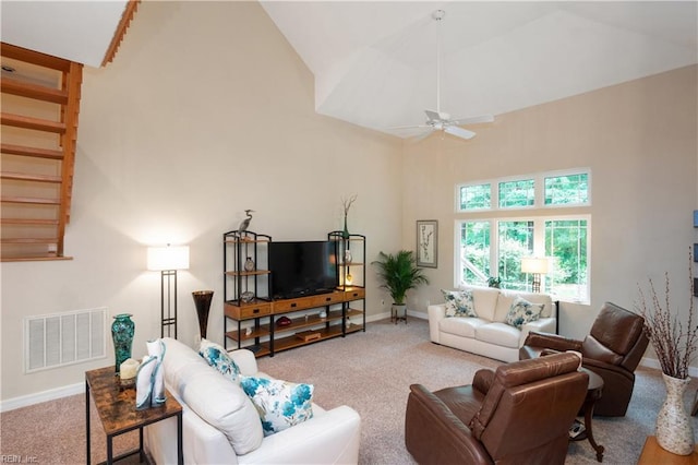 1301 Hawaiian Dr, Virginia Beach, VA 23451 - living area featuring high vaulted ceiling, carpet, a ceiling fan, and baseboards