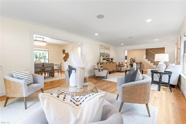 1825 N Alanton Dr, Virginia Beach, VA 23454 - living room featuring light wood-style flooring, ornamental molding, stairway, recessed lighting, and baseboards
