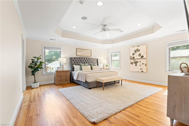 1825 N Alanton Dr, Virginia Beach, VA 23454 - bedroom featuring ornamental molding, a tray ceiling, light wood finished floors, baseboards, and recessed lighting
