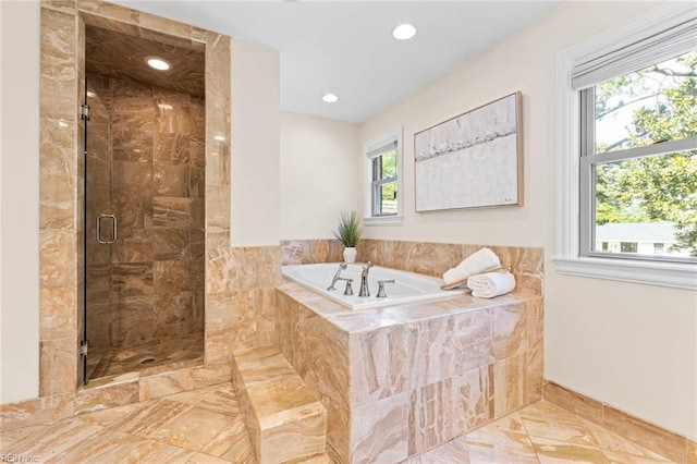 1825 N Alanton Dr, Virginia Beach, VA 23454 - full bath featuring marble look tiles, a garden tub, a stall shower, recessed lighting, and baseboards