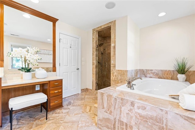 1825 N Alanton Dr, Virginia Beach, VA 23454 - bathroom featuring a bath, a stall shower, marble tiled floors, vanity, and recessed lighting