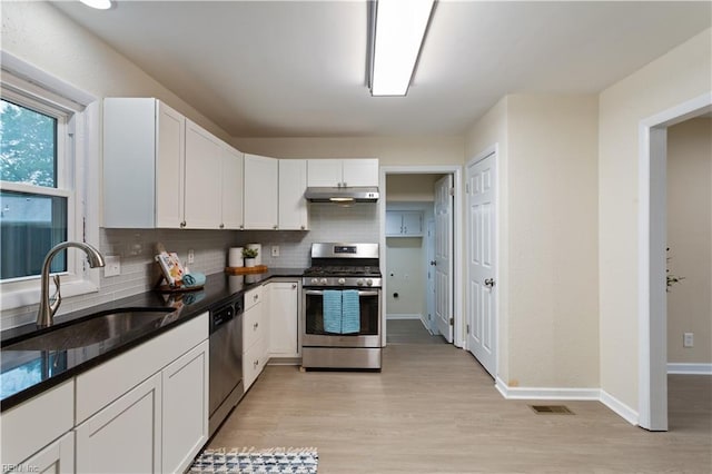 3408 Wakefield Dr, Portsmouth, VA 23703 - kitchen with appliances with stainless steel finishes, a sink, under cabinet range hood, tasteful backsplash, and white cabinets