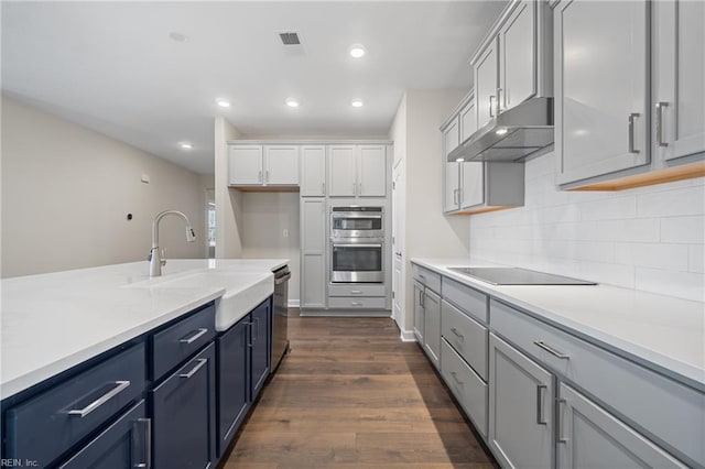 151 Highland Pony Dr, Hertford, NC 27944 - kitchen featuring appliances with stainless steel finishes, under cabinet range hood, a sink, tasteful backsplash, and light countertops