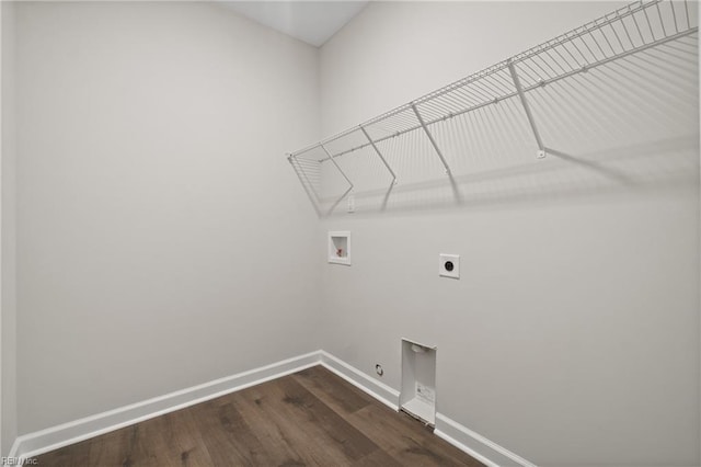 151 Highland Pony Dr, Hertford, NC 27944 - laundry area with electric dryer hookup, washer hookup, baseboards, dark wood-style floors, and gas dryer hookup