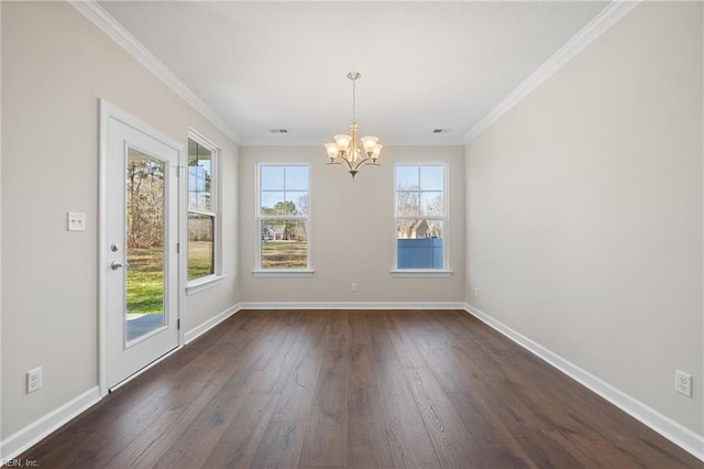 151 Highland Pony Dr, Hertford, NC 27944 - unfurnished dining area featuring a chandelier, dark wood-type flooring, baseboards, and ornamental molding