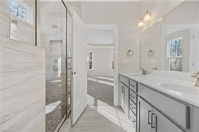151 Highland Pony Dr, Hertford, NC 27944 - full bathroom featuring double vanity, a stall shower, and plenty of natural light