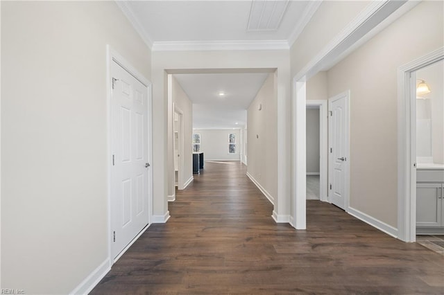 151 Highland Pony Dr, Hertford, NC 27944 - hallway with dark wood-style floors, ornamental molding, and baseboards