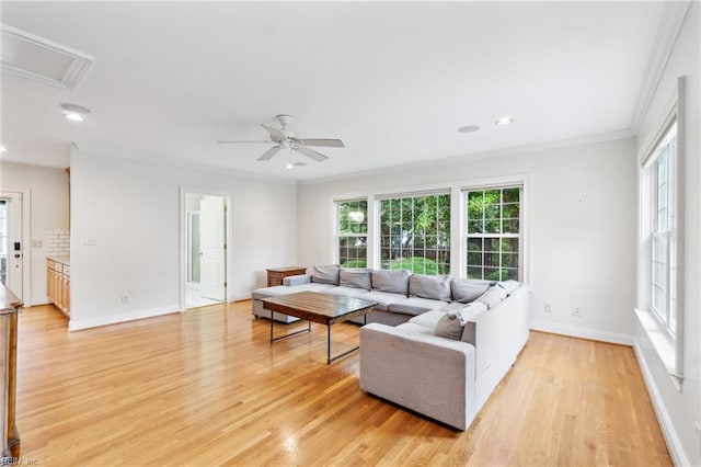 3 Acorn St, Hampton, VA 23669 - living room with light wood-style flooring, baseboards, ornamental molding, ceiling fan, and recessed lighting