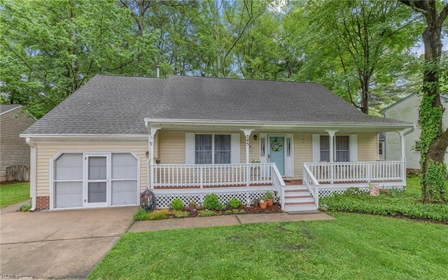 745 Denver Ave, Chesapeake, VA 23322 - view of front of house featuring a garage, a porch, concrete driveway, a shingled roof, and a front yard