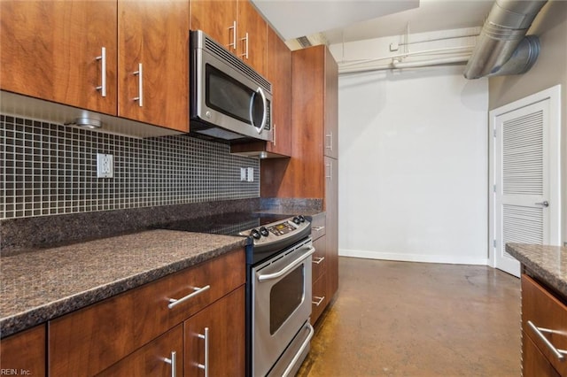 415 Saint Pauls Blvd Unit 609, Norfolk, VA 23510 - kitchen featuring stainless steel appliances, backsplash, baseboards, concrete floors, and brown cabinets
