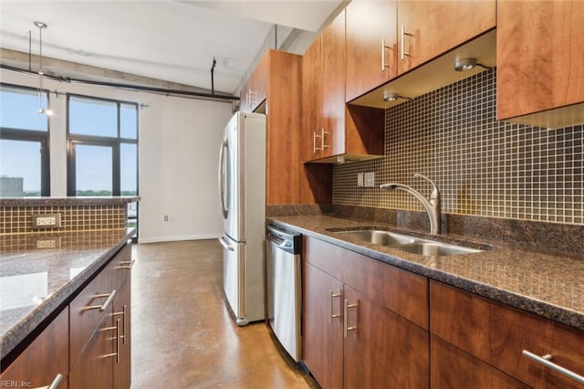 415 Saint Pauls Blvd Unit 609, Norfolk, VA 23510 - kitchen with stainless steel appliances, a sink, backsplash, baseboards, and dark stone countertops
