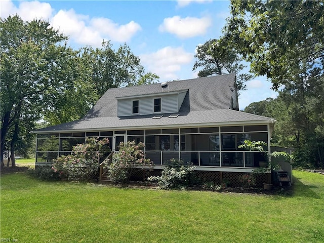 585 Morse Point Rd, Port Haywood, VA 23138 - back of house featuring a sunroom, a yard, and a shingled roof