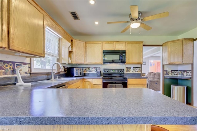 4217 Meadowgate Ct, Chesapeake, VA 23321 - kitchen featuring black appliances, light brown cabinetry, a sink, and recessed lighting