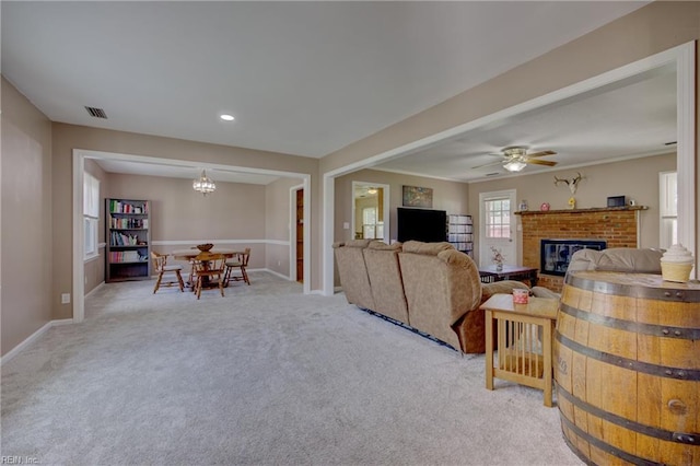 4217 Meadowgate Ct, Chesapeake, VA 23321 - living room featuring light carpet, a fireplace, baseboards, a ceiling fan, and recessed lighting
