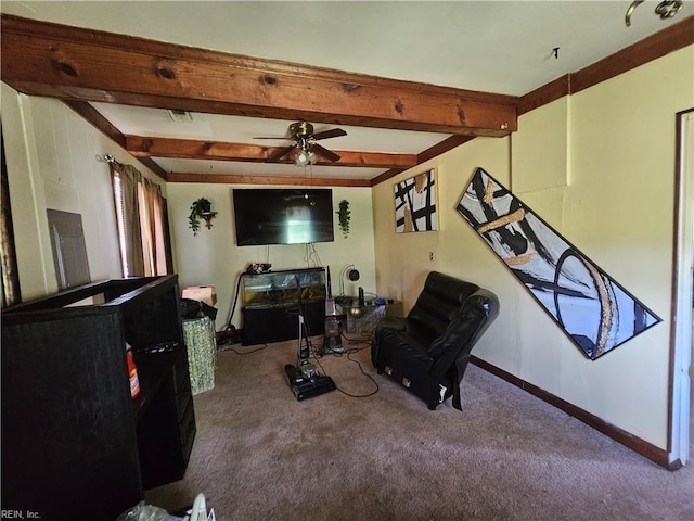 1428 24th St, Newport News, VA 23607 - living room with carpet floors, beam ceiling, ceiling fan, and baseboards