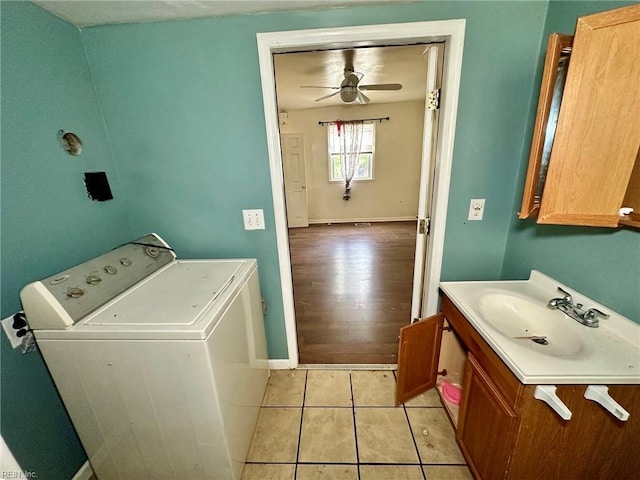 3860 Nansemond Cir, Norfolk, VA 23513 - washroom with washer / dryer, ceiling fan, baseboards, and light tile patterned floors