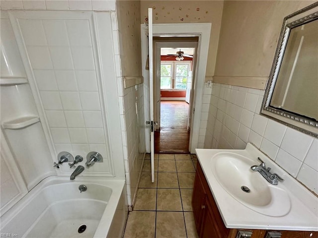 3860 Nansemond Cir, Norfolk, VA 23513 - full bath with vanity, tile walls, washtub / shower combination, tile patterned flooring, and ceiling fan