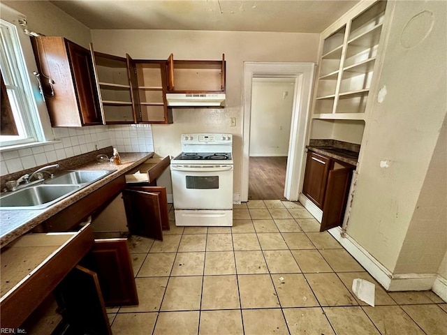 3860 Nansemond Cir, Norfolk, VA 23513 - kitchen featuring white electric stove, under cabinet range hood, a sink, open shelves, and dark countertops