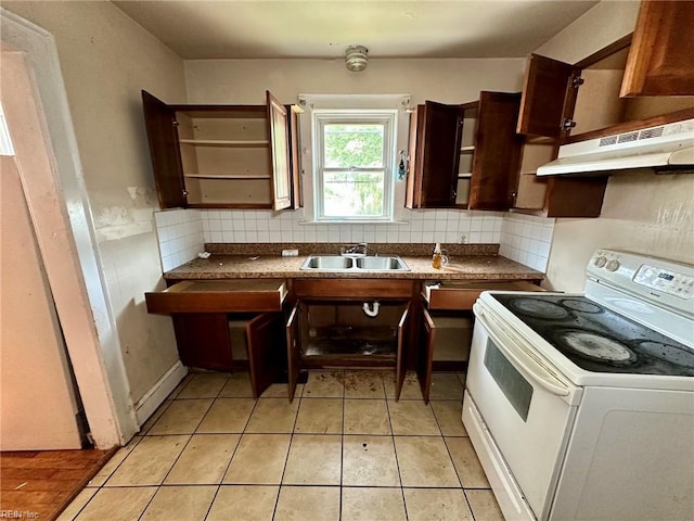 3860 Nansemond Cir, Norfolk, VA 23513 - kitchen with white range with electric stovetop, under cabinet range hood, a sink, and backsplash