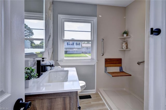 717 S Fallon Ct, Hampton, VA 23661 - bathroom featuring toilet, vanity, wood finished floors, a shower, and baseboards