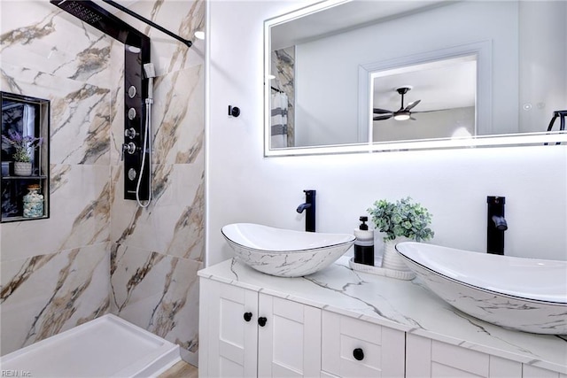 717 S Fallon Ct, Hampton, VA 23661 - bathroom with double vanity, a shower with curtain, and ceiling fan