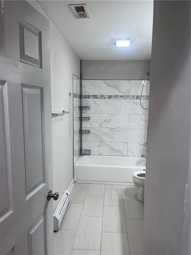 11 Greenwood Rd, Newport News, VA 23601 - full bath featuring a baseboard radiator, toilet, bathing tub / shower combination, marble finish flooring, and a textured ceiling