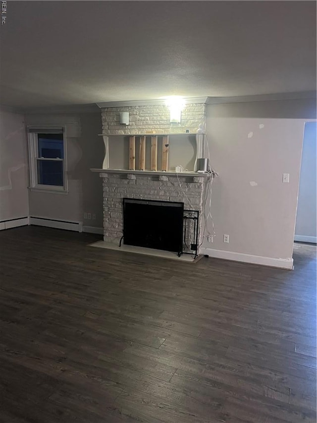 11 Greenwood Rd, Newport News, VA 23601 - unfurnished living room with dark wood-style flooring, a stone fireplace, baseboards, and baseboard heating