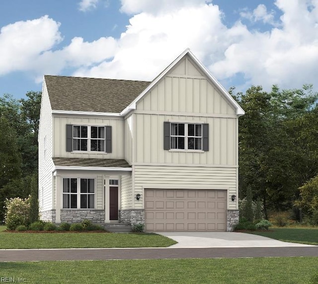 9355 Imagination Ave, Toano, VA 23168 - view of front of house with a shingled roof, board and batten siding, stone siding, and an attached garage